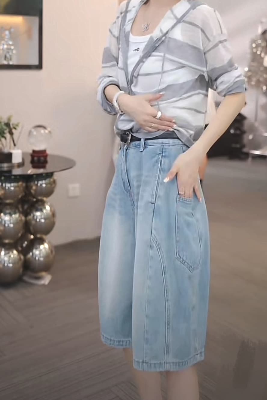 2025 여름 새로운 캐주얼 다용도 5 점 꽃밭 워크웨어 청바지 하이웨이스트 반바지 핫 바지 상세 이미지 2