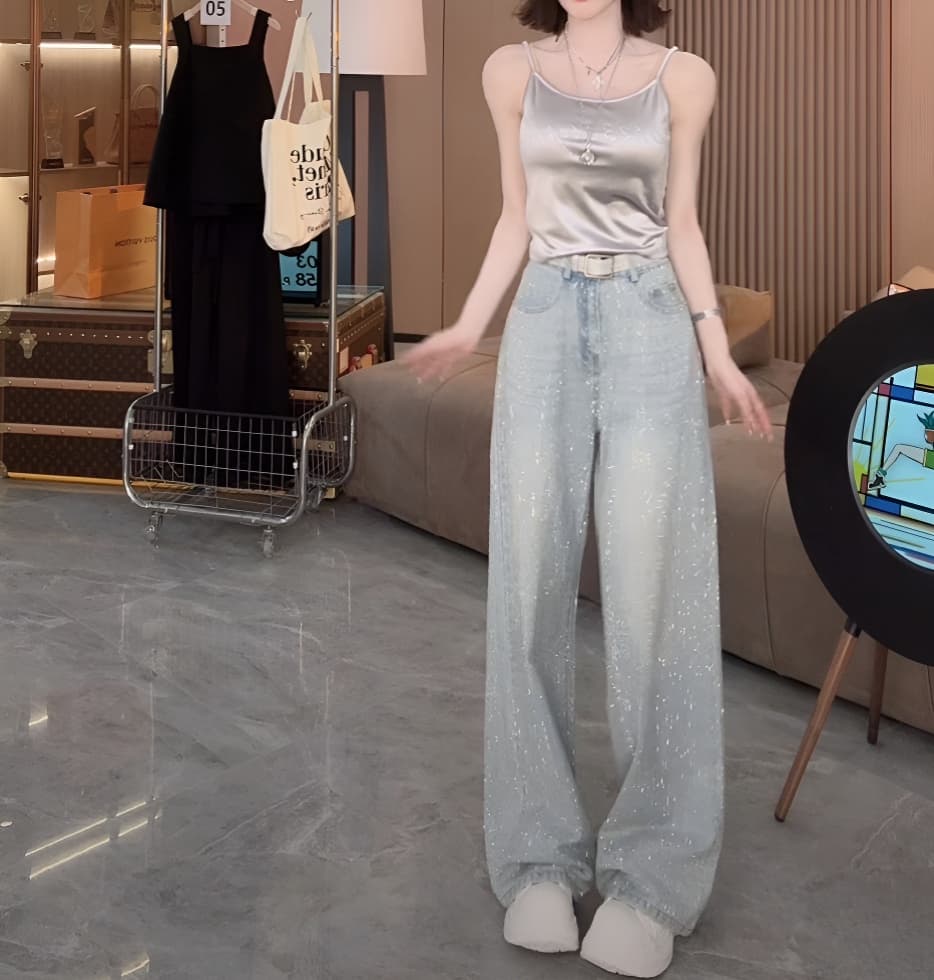 반짝임 바지 여름 얇은 스타일 넓은 다리 청바지 디자인 전체 훈련 패션 다용도 디자인 청바지 무거운 작업 긴 바지 여성
