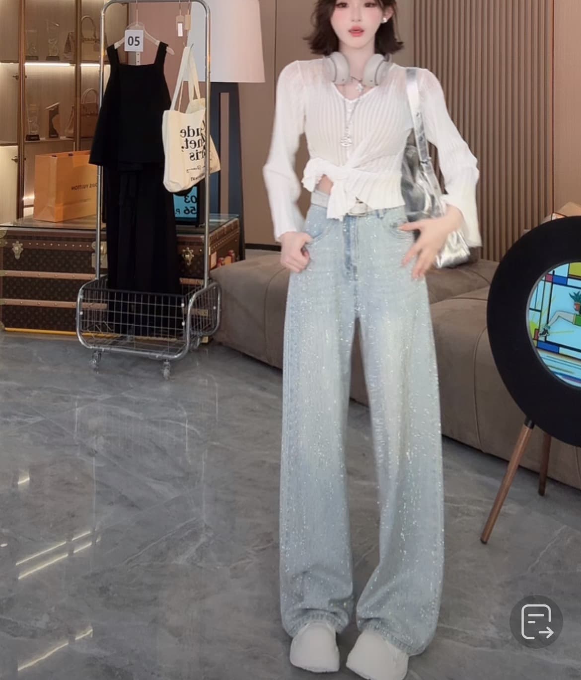 반짝임 바지 여름 얇은 스타일 넓은 다리 청바지 디자인 전체 훈련 패션 다용도 디자인 청바지 무거운 작업 긴 바지 여성 이미지 2