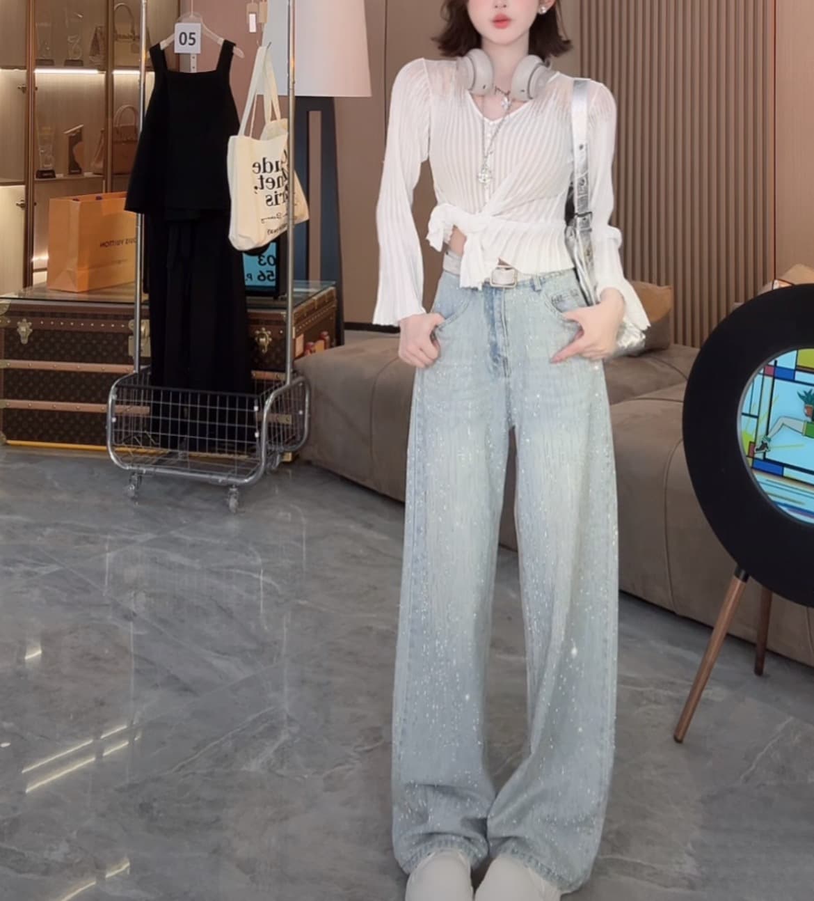 반짝임 바지 여름 얇은 스타일 넓은 다리 청바지 디자인 전체 훈련 패션 다용도 디자인 청바지 무거운 작업 긴 바지 여성 상세 이미지 1
