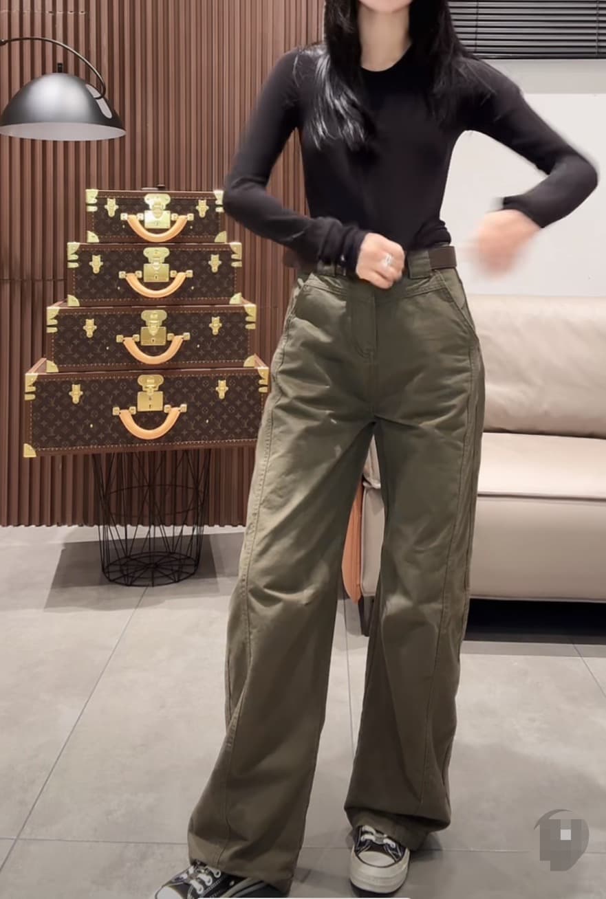 이른 가을 트렌드 3 차원 주머니 워크웨어 팬츠 하이웨이스트 캐주얼 슬림해 보이는 워시 물 청바지 육군 녹색 스트레이트 와이드 레그 팬츠 이미지 4