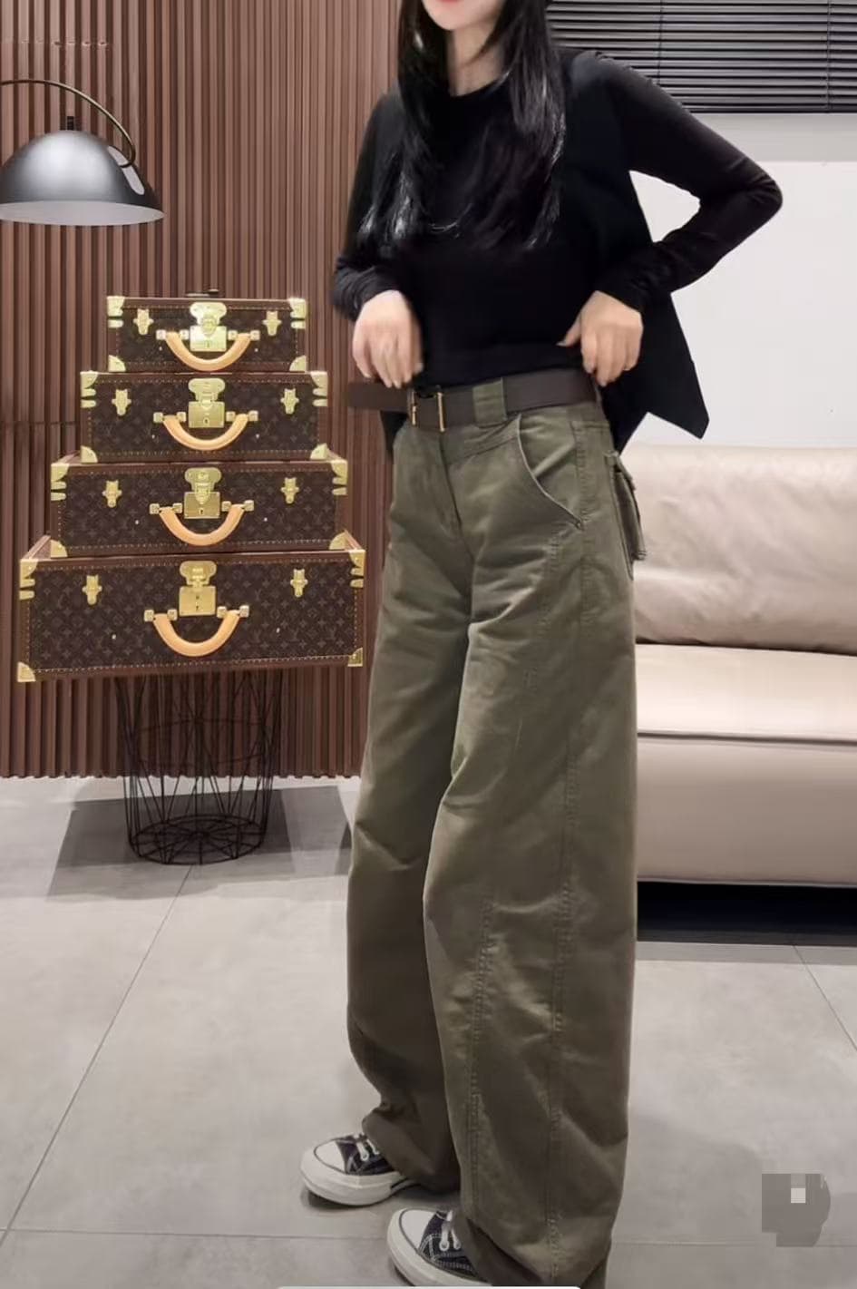 이른 가을 트렌드 3 차원 주머니 워크웨어 팬츠 하이웨이스트 캐주얼 슬림해 보이는 워시 물 청바지 육군 녹색 스트레이트 와이드 레그 팬츠 상세 이미지 13