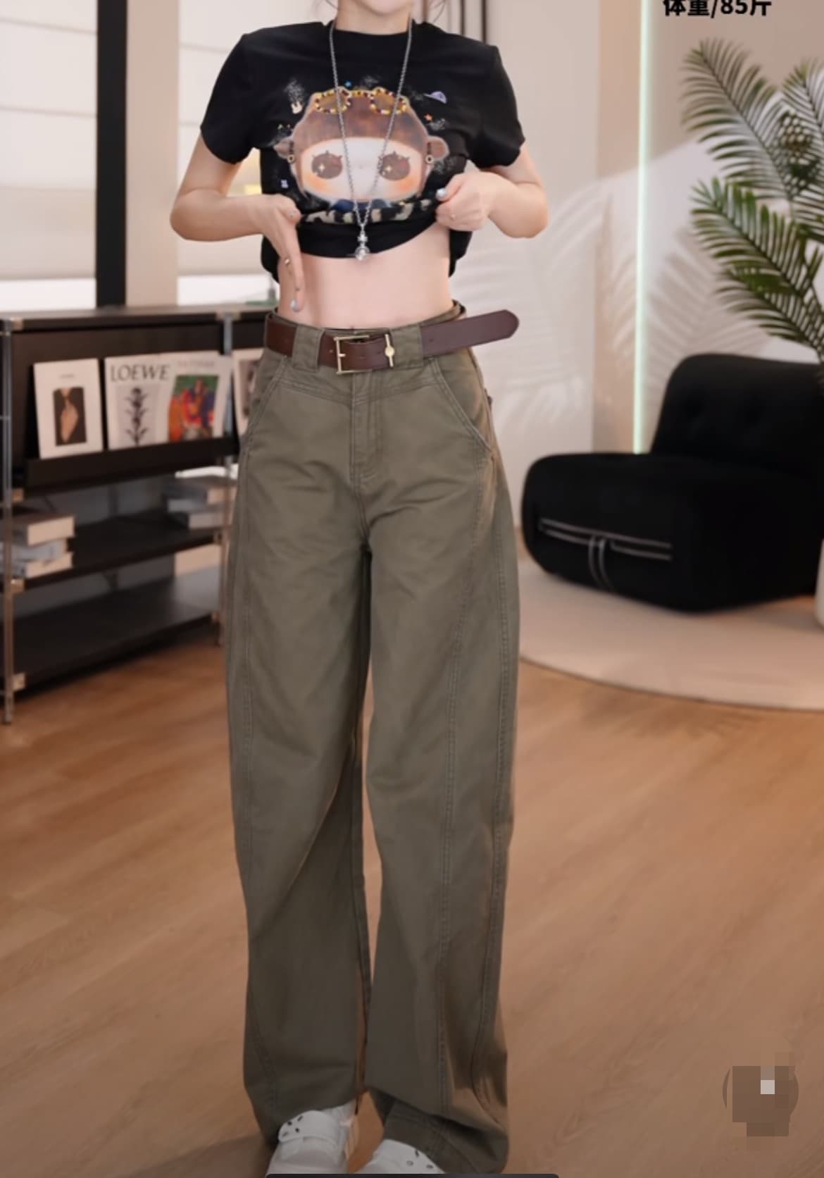 이른 가을 트렌드 3 차원 주머니 워크웨어 팬츠 하이웨이스트 캐주얼 슬림해 보이는 워시 물 청바지 육군 녹색 스트레이트 와이드 레그 팬츠 상세 이미지 3