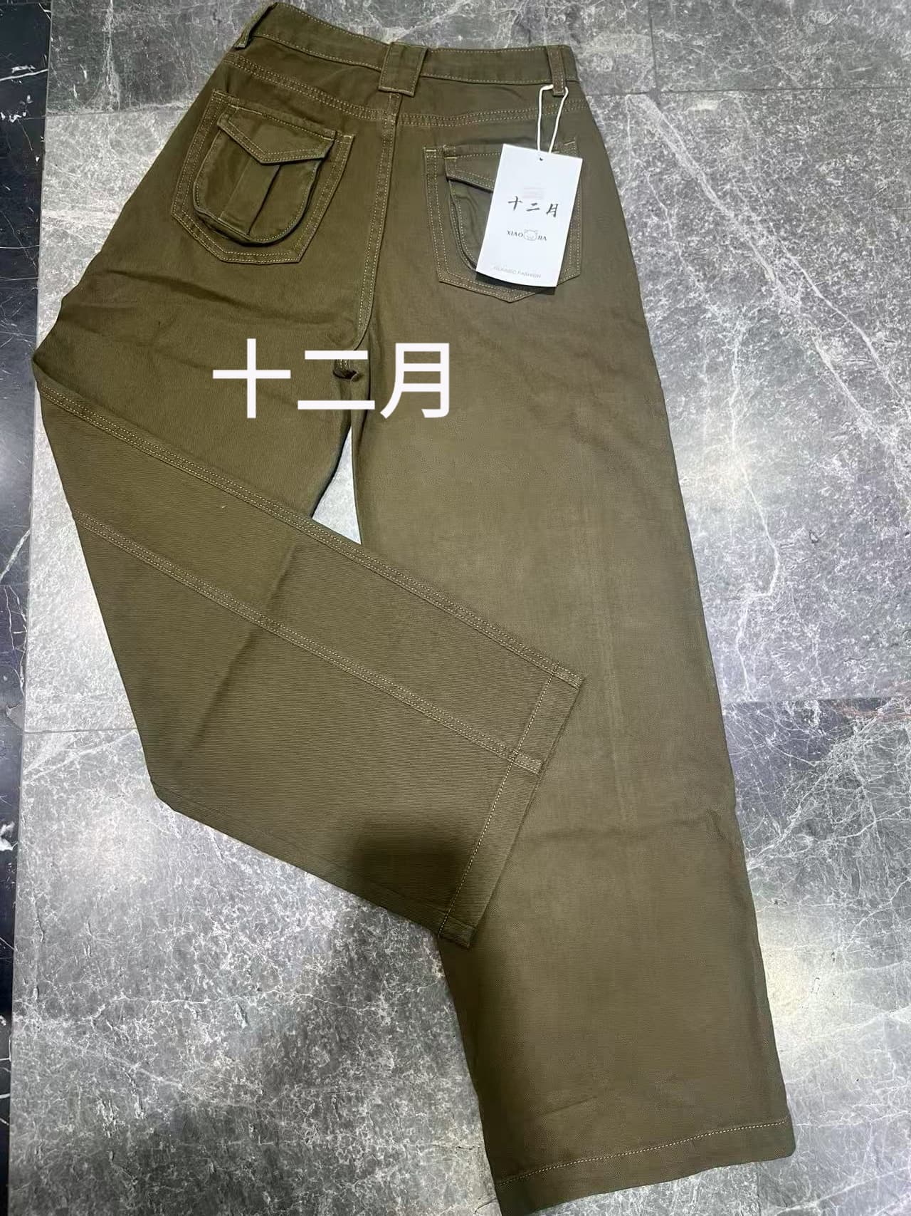 이른 가을 트렌드 3 차원 주머니 워크웨어 팬츠 하이웨이스트 캐주얼 슬림해 보이는 워시 물 청바지 육군 녹색 스트레이트 와이드 레그 팬츠 이미지 2