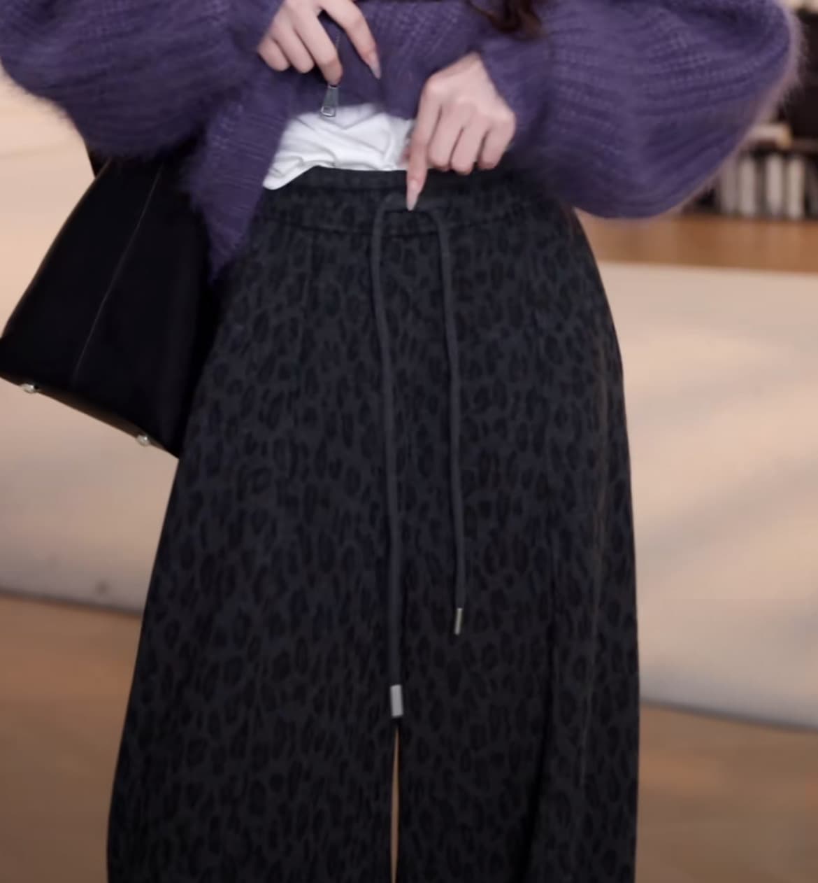 가을 겨울 레오파드 무늬 펌프 로프 허리밴드 하이웨이스트 연삭 털 캐주얼 바지 웨이 바지 긴 바지 이미지 3