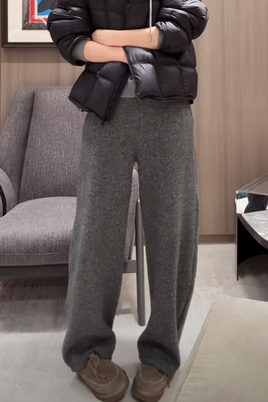 털이 있고 두꺼운 질감 양모 패션 다용도 웨이 바지 허리밴드 루즈핏 캐주얼 와이드 레그 팬츠 작은 모통이 칼 긴 바지 이미지 6