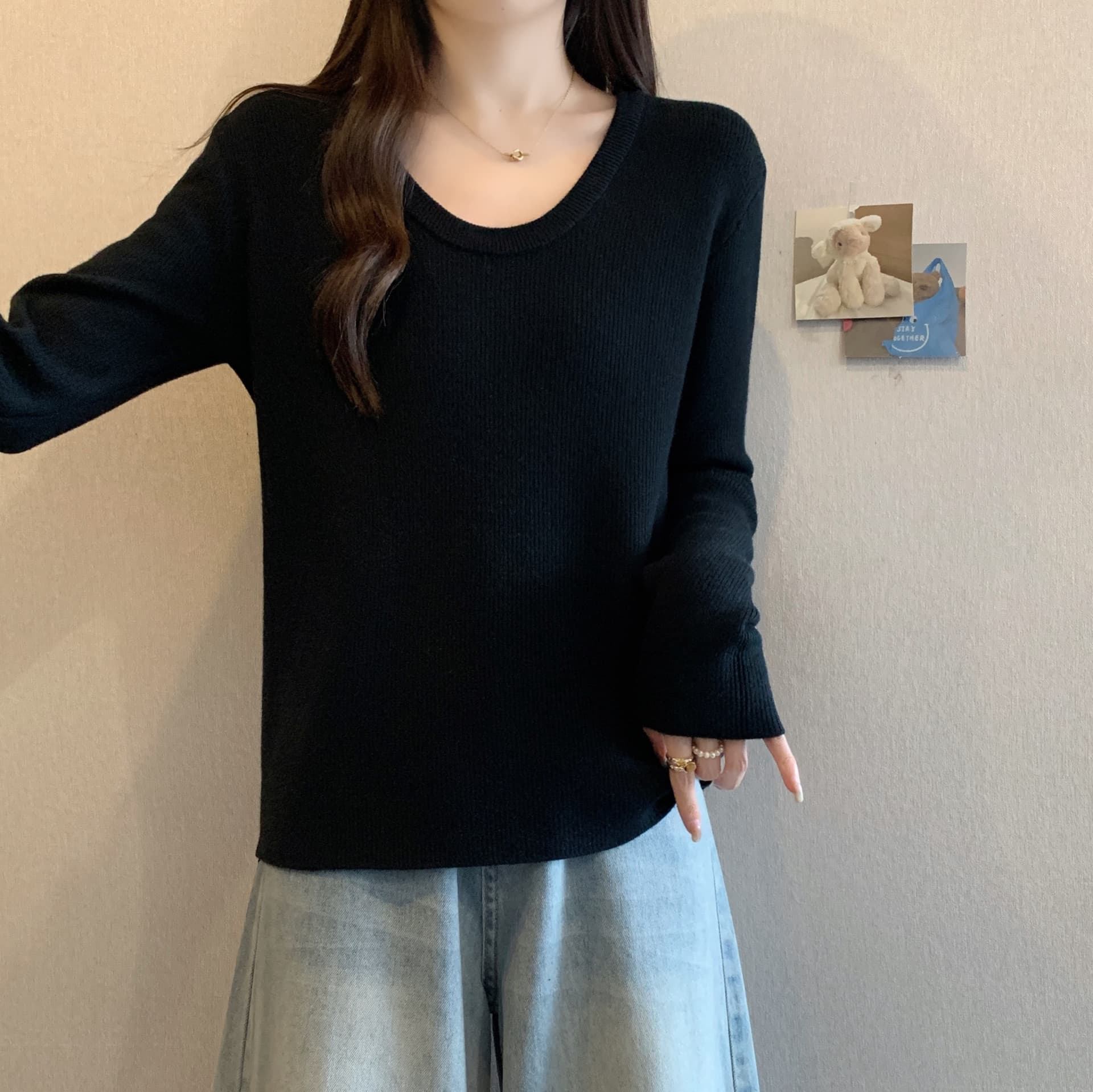 실사 정가 감소되지 않음 빅 사이즈 긍정적 인 어깨 대 u 칼라 슬림해 보이는 긴팔 털이 있고 두꺼운 만나는 니트 스웨터 슬림해 보이는 맨위 상세 이미지 6