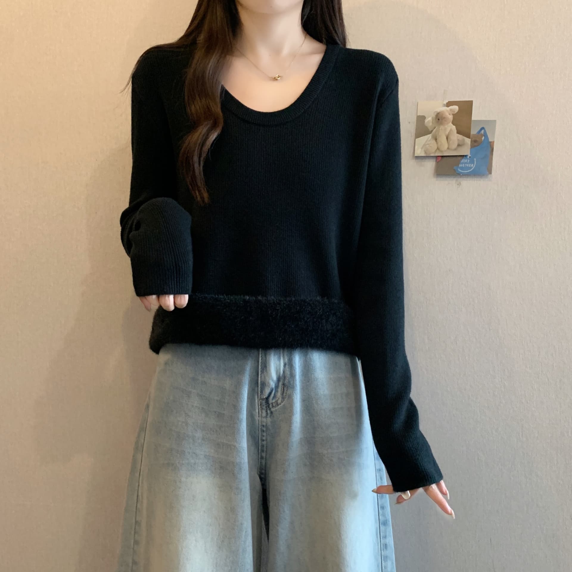 실사 정가 감소되지 않음 빅 사이즈 긍정적 인 어깨 대 u 칼라 슬림해 보이는 긴팔 털이 있고 두꺼운 만나는 니트 스웨터 슬림해 보이는 맨위 상세 이미지 7