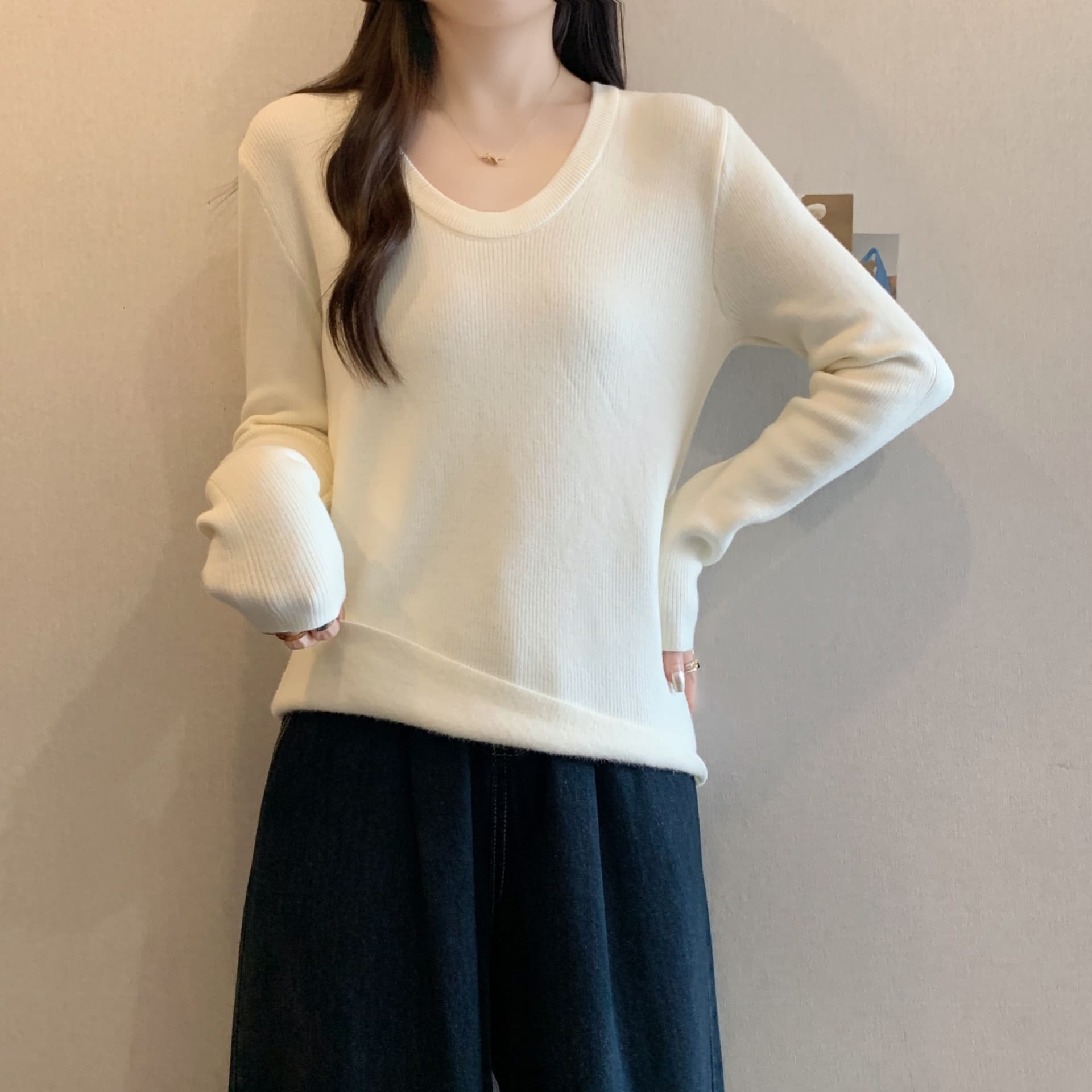 실사 정가 감소되지 않음 빅 사이즈 긍정적 인 어깨 대 u 칼라 슬림해 보이는 긴팔 털이 있고 두꺼운 만나는 니트 스웨터 슬림해 보이는 맨위 상세 이미지 19