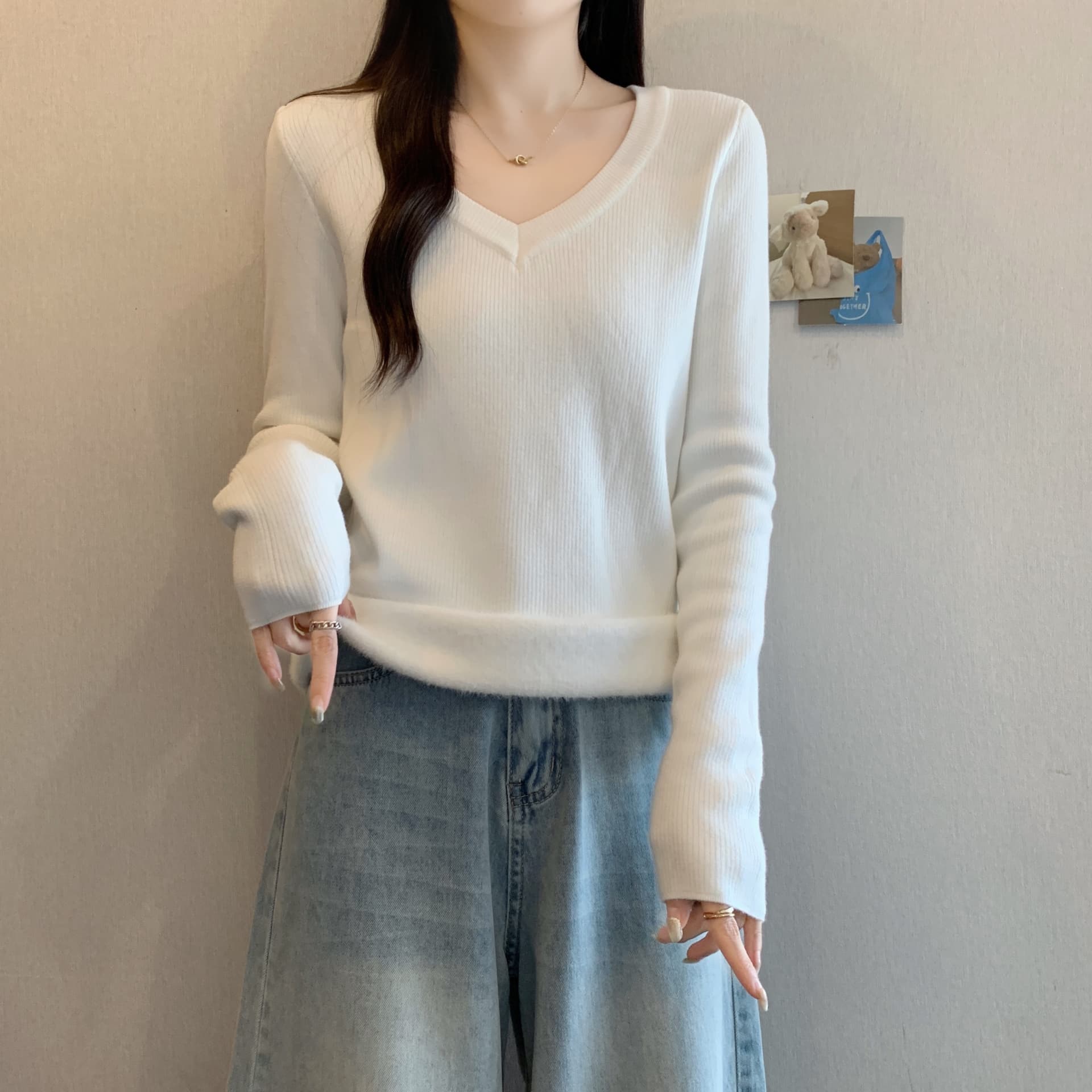 실사 정가 빅 사이즈 여성 의류 가을 겨울 두꺼운 하나 플러시 니트 스웨터 복숭아 심장 V넥 미니멀리즘 인사이드 가져 가라. 예쁜 스웨터 이미지 5