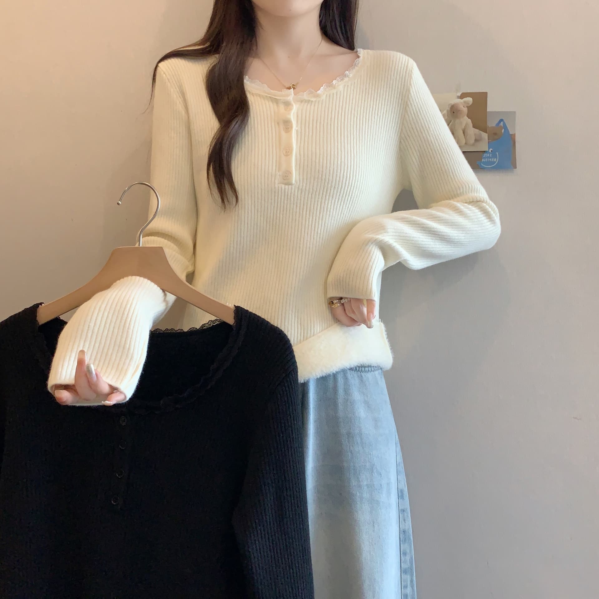 실사 정가 감소되지 않음 빅 사이즈 여성 의류 레이스 조각 광장 칼라 니트 스웨터 두꺼운 하나 플러시 만나는 맨위 상세 이미지 17