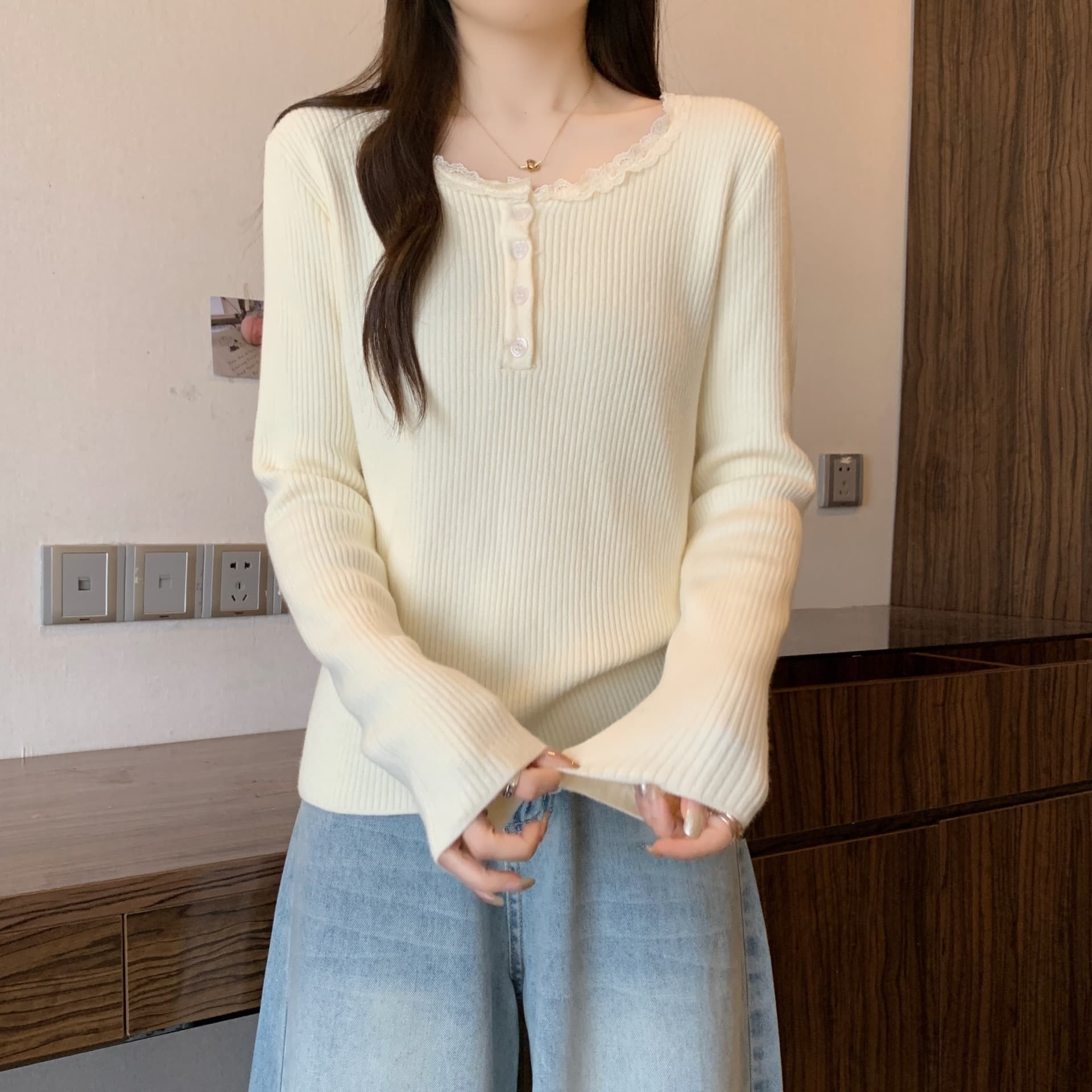 실사 정가 감소되지 않음 빅 사이즈 여성 의류 레이스 조각 광장 칼라 니트 스웨터 두꺼운 하나 플러시 만나는 맨위 상세 이미지 20
