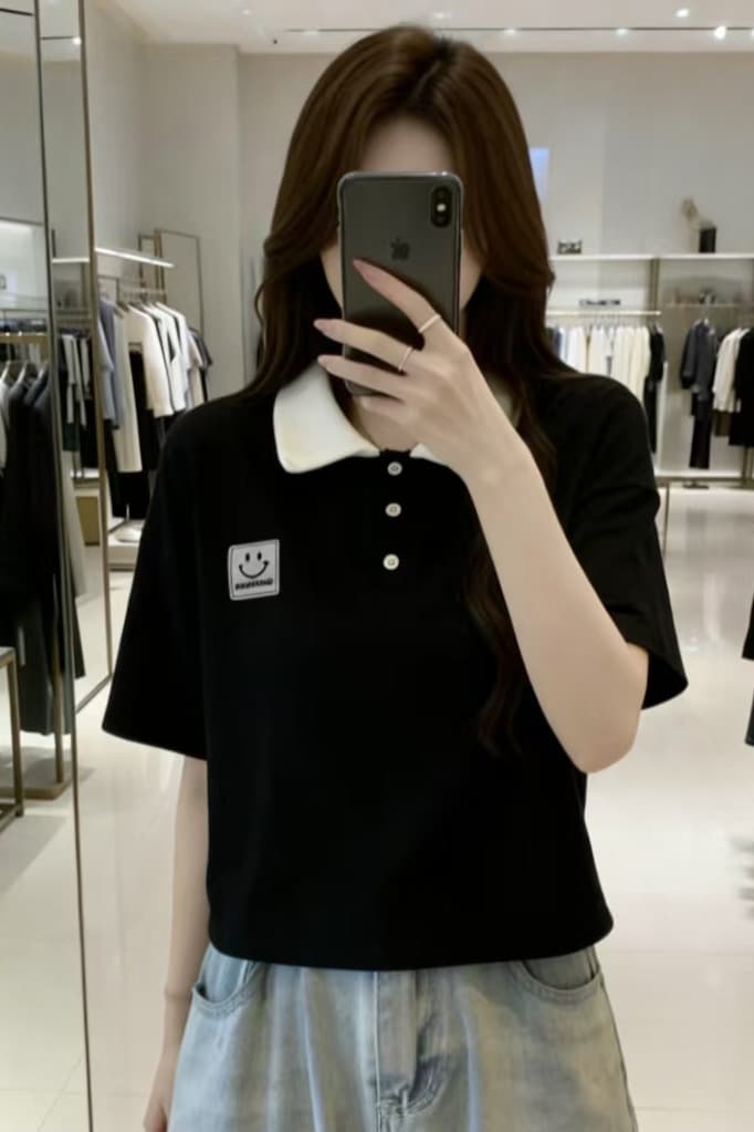 실사 지방 mm 빅 사이즈 여성 의류 여름 한국 스타일 패션 배색 POLO 칼라 자수 패치 루즈핏 티셔츠 맨위 이미지 6