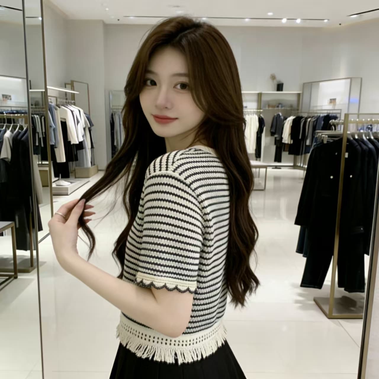 실사 빅 사이즈 여성 의류 여름 라운드 넥 스트라이프 반팔 티셔츠 루즈핏 슬림해 보이는 술 한국 스타일 쇼트 스타일 맨위 상세 이미지 6