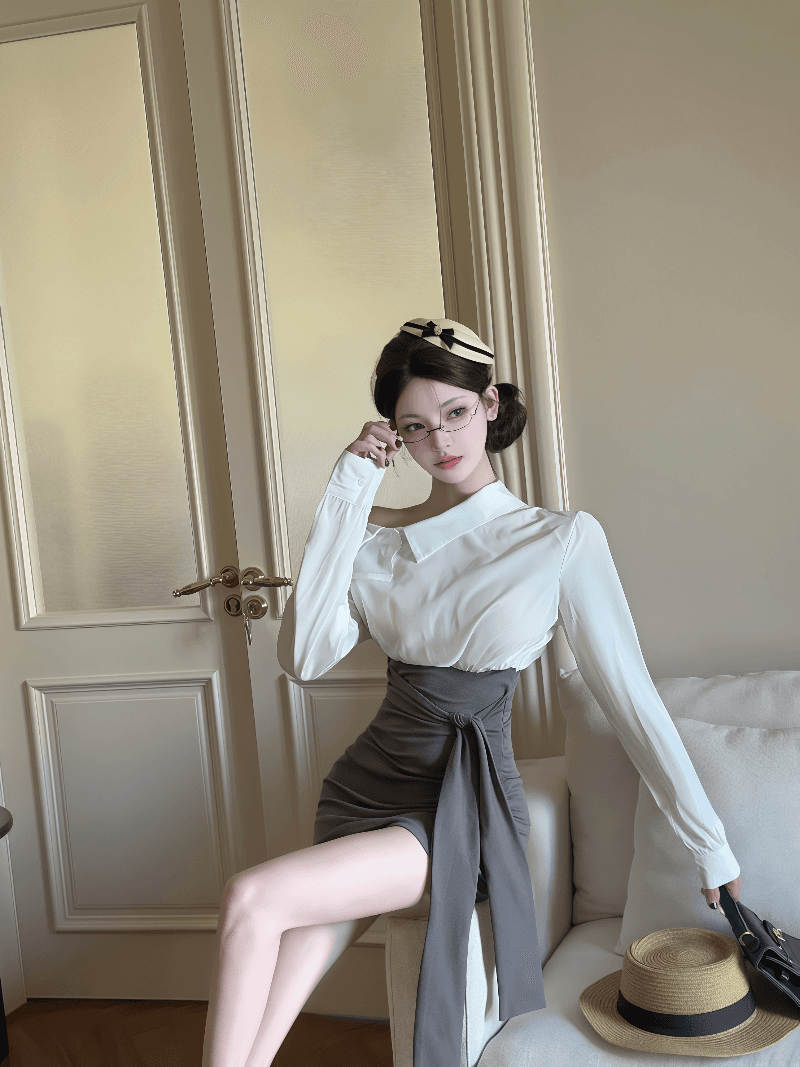 실사 프랑스식 패치워크 페이크 레이어드 비스듬한 어깨 긴팔 셔츠 드레스 배색 허리 수축 치마 디자인 타이트 스커트 이미지 5