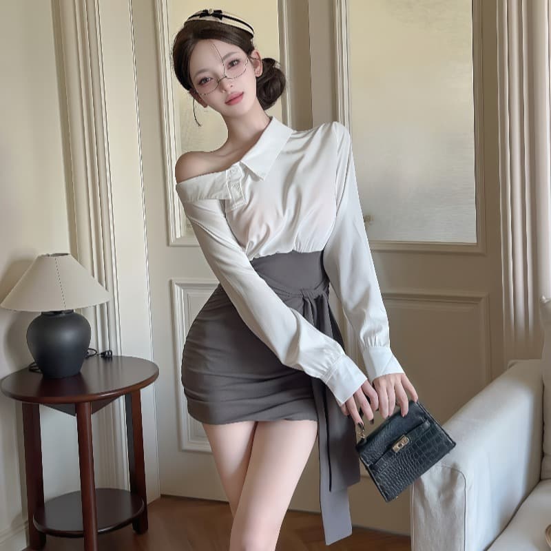 실사 프랑스식 패치워크 페이크 레이어드 비스듬한 어깨 긴팔 셔츠 드레스 배색 허리 수축 치마 디자인 타이트 스커트 이미지 6