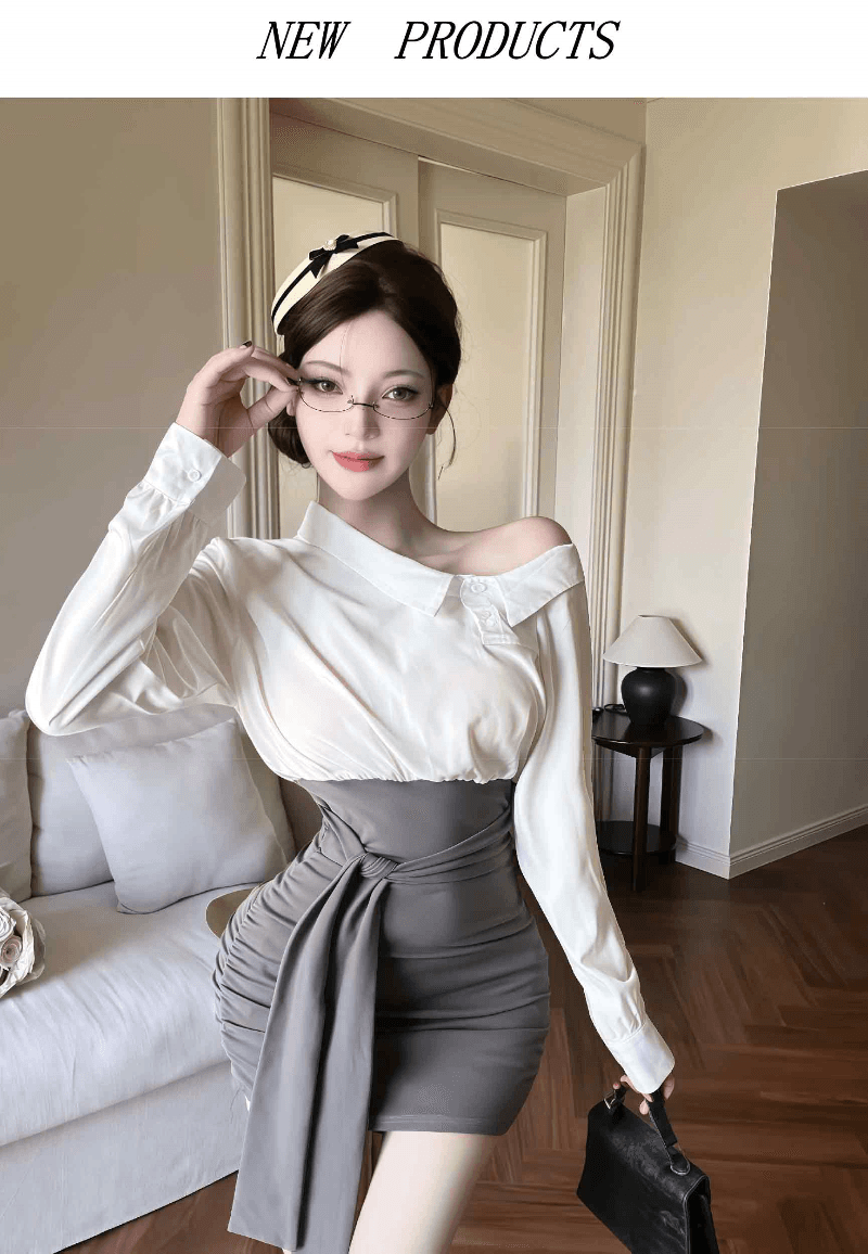 실사 프랑스식 패치워크 페이크 레이어드 비스듬한 어깨 긴팔 셔츠 드레스 배색 허리 수축 치마 디자인 타이트 스커트 상세 이미지 1