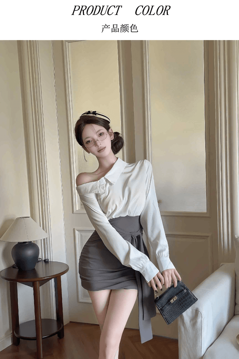 실사 프랑스식 패치워크 페이크 레이어드 비스듬한 어깨 긴팔 셔츠 드레스 배색 허리 수축 치마 디자인 타이트 스커트 상세 이미지 5