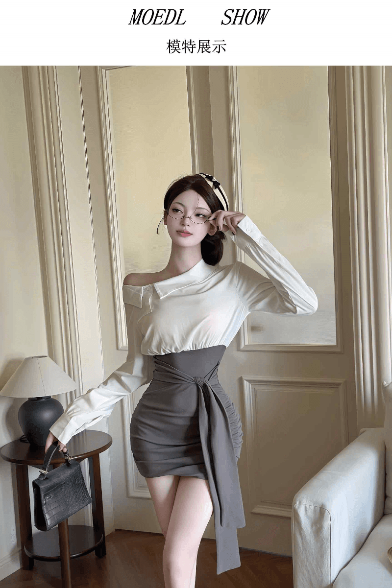 실사 프랑스식 패치워크 페이크 레이어드 비스듬한 어깨 긴팔 셔츠 드레스 배색 허리 수축 치마 디자인 타이트 스커트 상세 이미지 6
