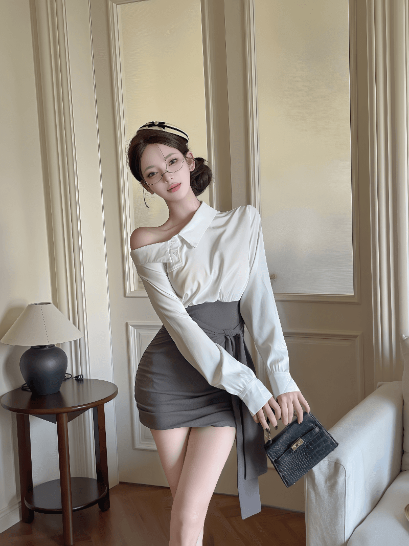 실사 프랑스식 패치워크 페이크 레이어드 비스듬한 어깨 긴팔 셔츠 드레스 배색 허리 수축 치마 디자인 타이트 스커트 상세 이미지 7