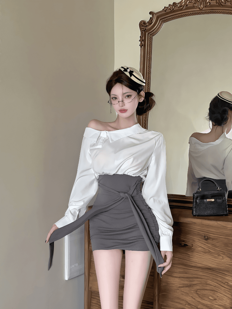실사 프랑스식 패치워크 페이크 레이어드 비스듬한 어깨 긴팔 셔츠 드레스 배색 허리 수축 치마 디자인 타이트 스커트 상세 이미지 10