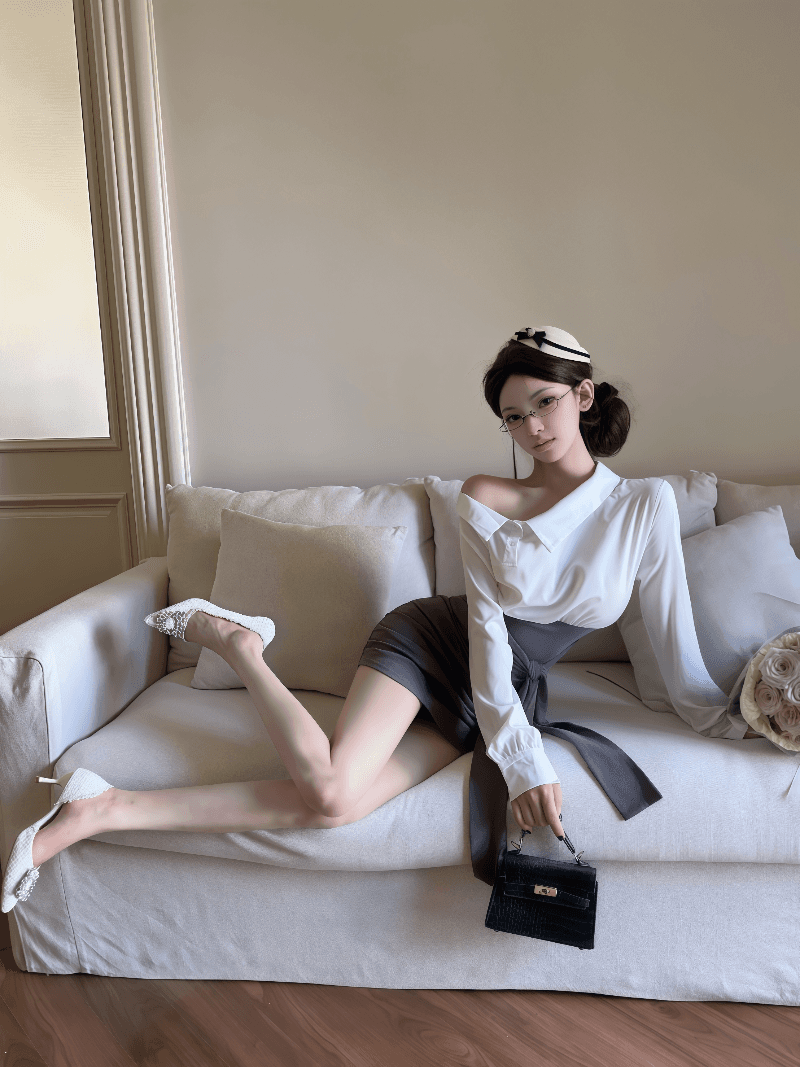 실사 프랑스식 패치워크 페이크 레이어드 비스듬한 어깨 긴팔 셔츠 드레스 배색 허리 수축 치마 디자인 타이트 스커트 상세 이미지 13