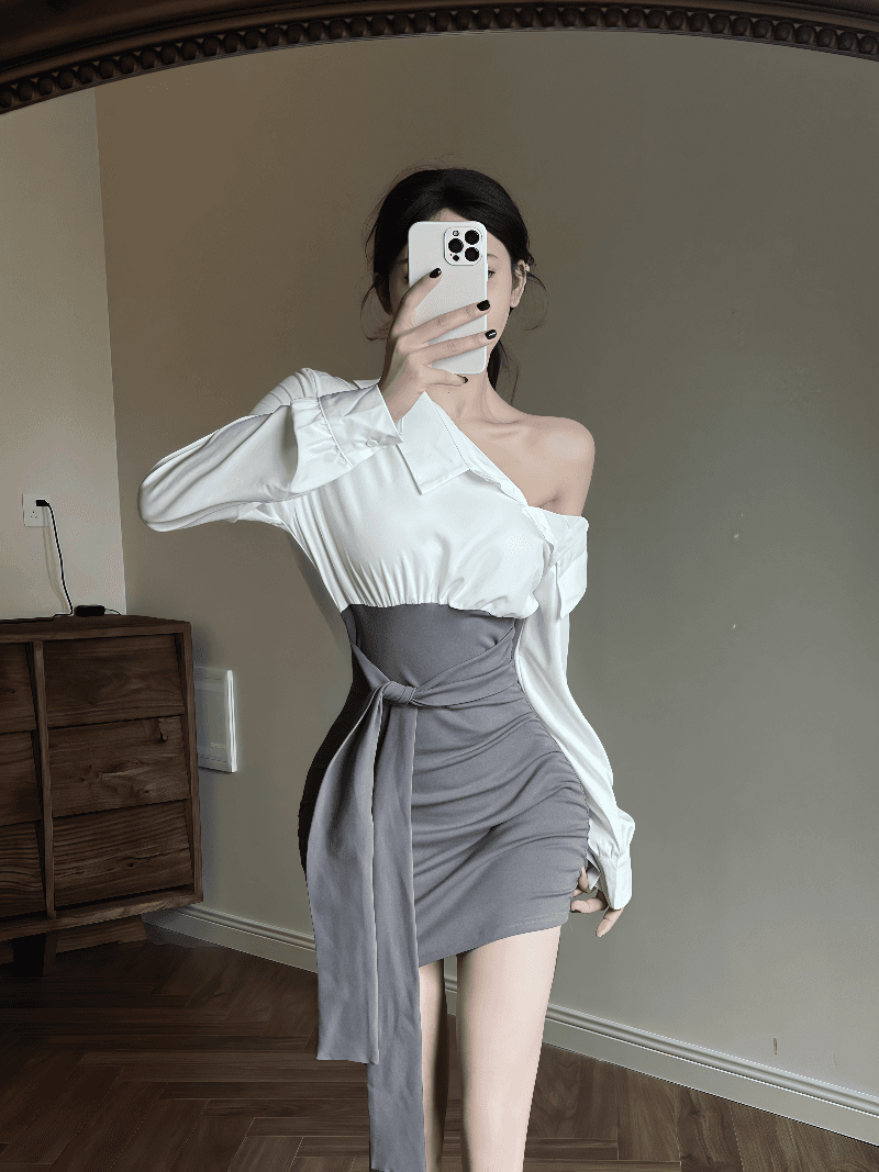 실사 프랑스식 패치워크 페이크 레이어드 비스듬한 어깨 긴팔 셔츠 드레스 배색 허리 수축 치마 디자인 타이트 스커트 상세 이미지 14