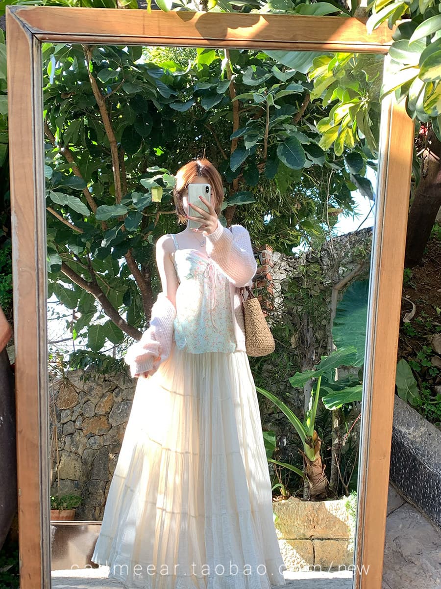 원본 직분사 그리드 배색 꽃무늬 슬립 페이크 레이어드 V넥 순수한 욕망 조끼 달콤함 맨위 상세 이미지 2