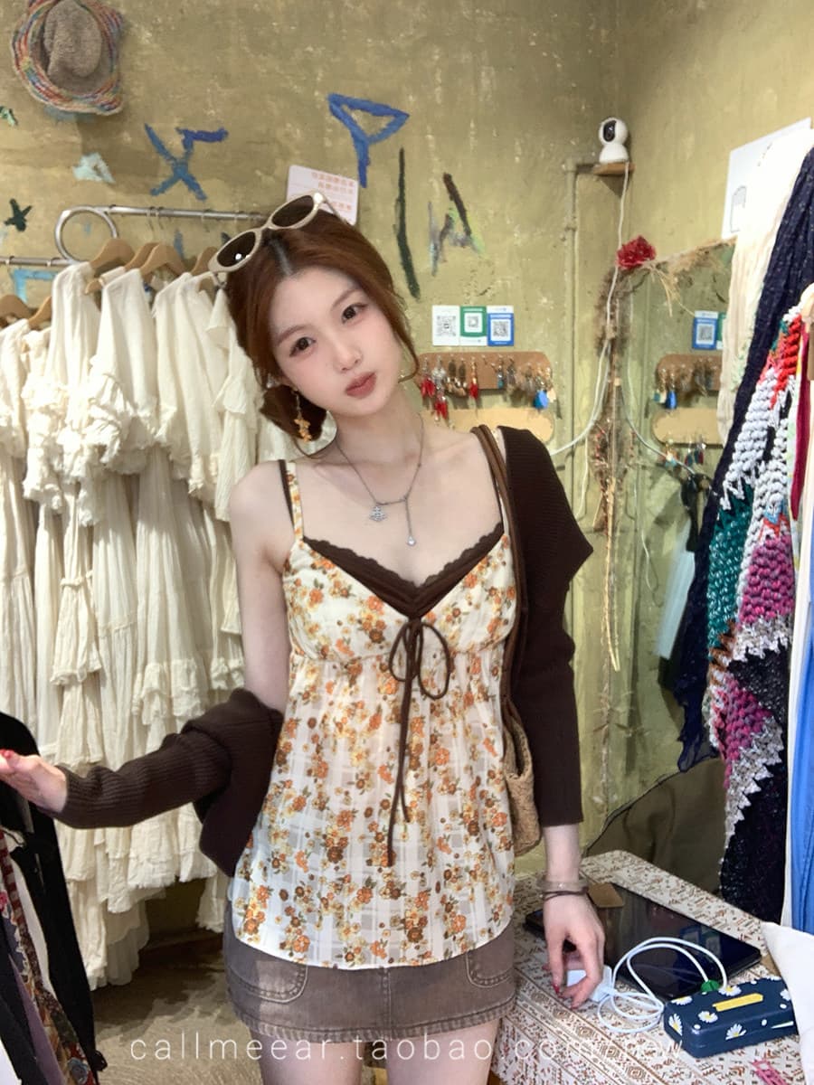 원본 직분사 그리드 배색 꽃무늬 슬립 페이크 레이어드 V넥 순수한 욕망 조끼 달콤함 맨위 상세 이미지 11