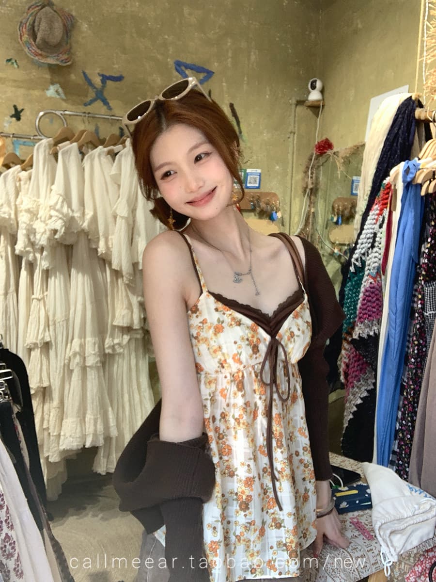 원본 직분사 그리드 배색 꽃무늬 슬립 페이크 레이어드 V넥 순수한 욕망 조끼 달콤함 맨위 상세 이미지 13