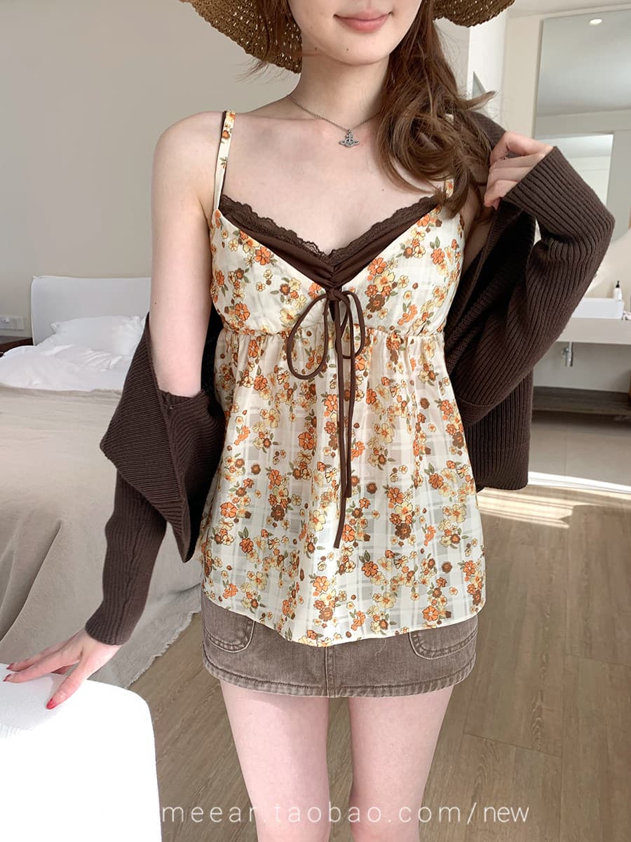 원본 직분사 그리드 배색 꽃무늬 슬립 페이크 레이어드 V넥 순수한 욕망 조끼 달콤함 맨위 상세 이미지 16