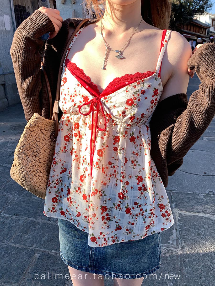 원본 직분사 그리드 배색 꽃무늬 슬립 페이크 레이어드 V넥 순수한 욕망 조끼 달콤함 맨위 상세 이미지 21