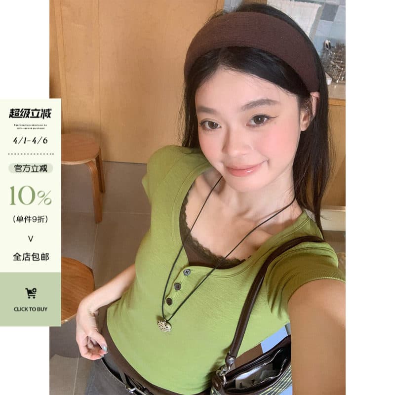 송 긍정적 인 En 녹색 페이크 레이어드 패치워크 긍정적 인 어깨 반팔 티셔츠 여성 여름 몸매 가꾸기 한 부서 아름다운 고유 한 작은 맨위