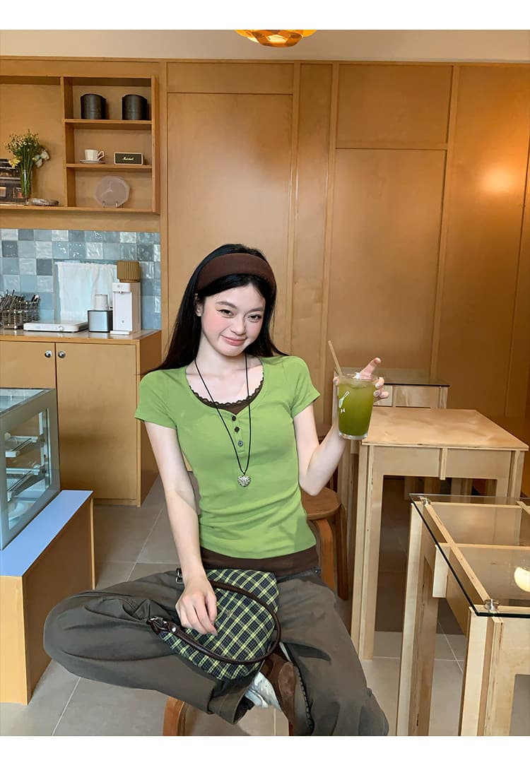 송 긍정적 인 En 녹색 페이크 레이어드 패치워크 긍정적 인 어깨 반팔 티셔츠 여성 여름 몸매 가꾸기 한 부서 아름다운 고유 한 작은 맨위 상세 이미지 10