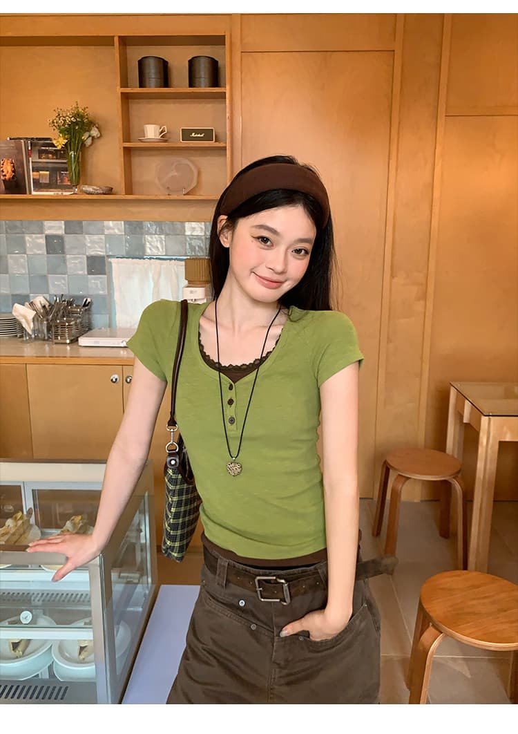 송 긍정적 인 En 녹색 페이크 레이어드 패치워크 긍정적 인 어깨 반팔 티셔츠 여성 여름 몸매 가꾸기 한 부서 아름다운 고유 한 작은 맨위 상세 이미지 12