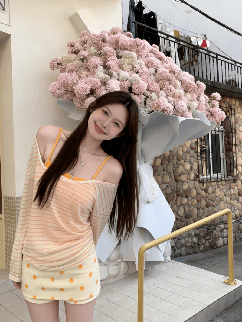 투피스 세트 kumikumi 순수한 욕망 바람 스트라이프 긴팔 티셔츠 인사이드 가져 가라. 캐미솔 여름 상세 이미지 1