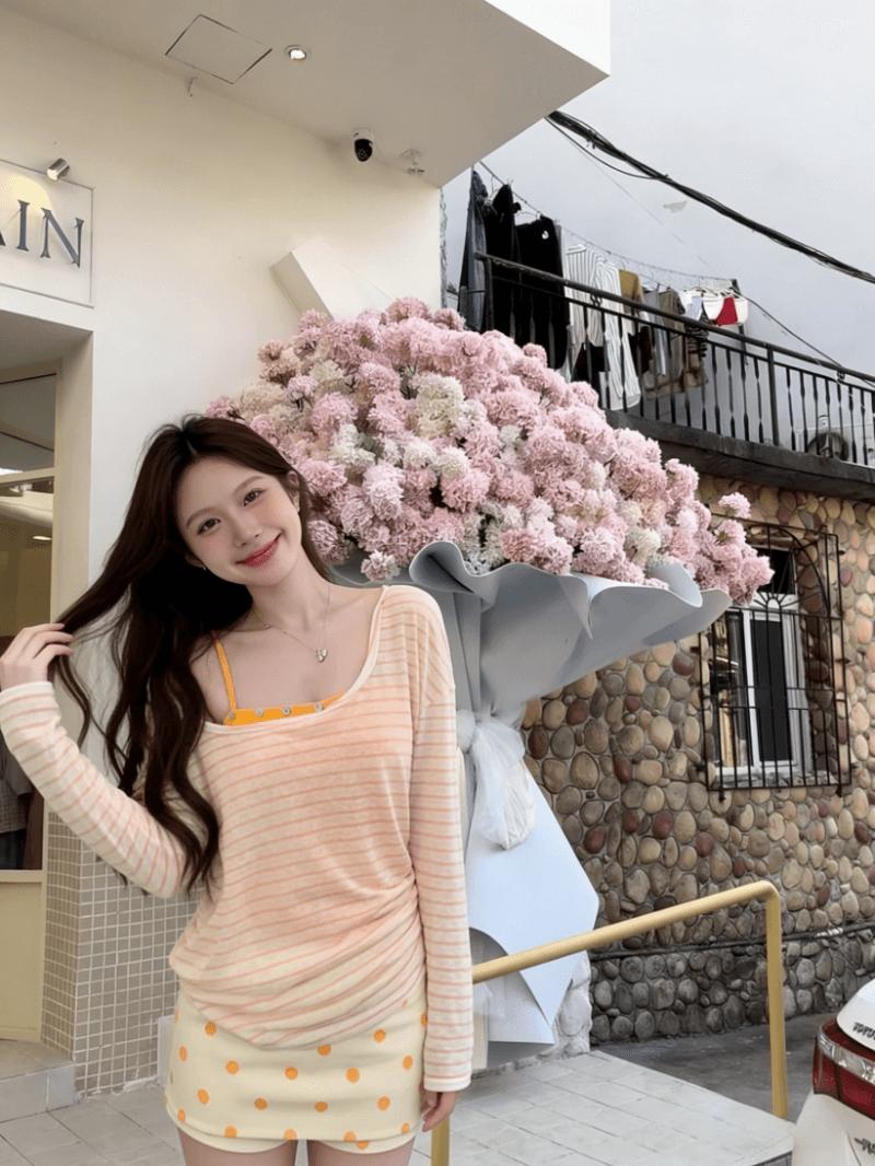 투피스 세트 kumikumi 순수한 욕망 바람 스트라이프 긴팔 티셔츠 인사이드 가져 가라. 캐미솔 여름 상세 이미지 2