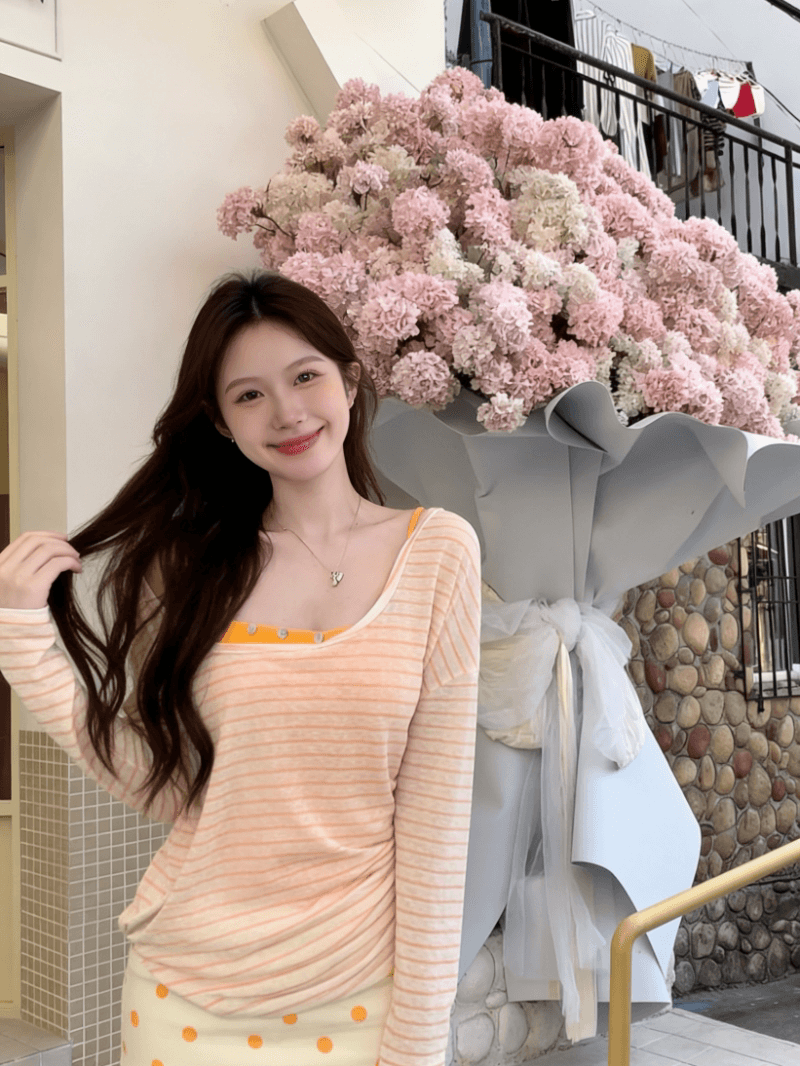 투피스 세트 kumikumi 순수한 욕망 바람 스트라이프 긴팔 티셔츠 인사이드 가져 가라. 캐미솔 여름 상세 이미지 4