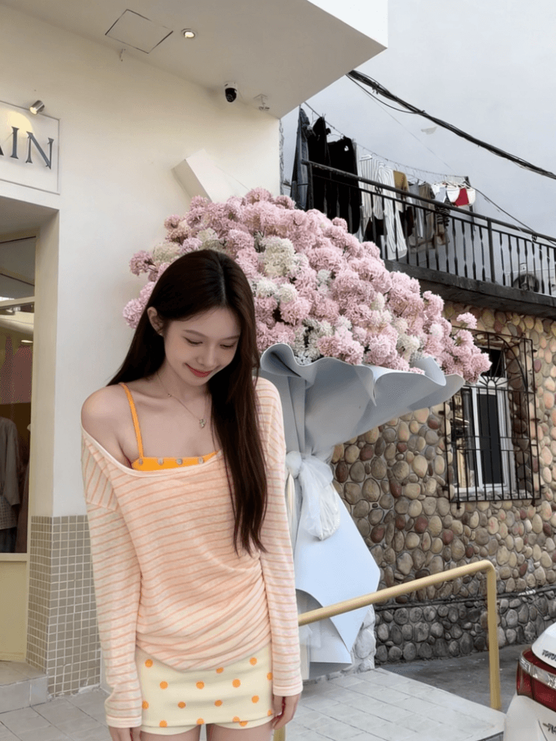 투피스 세트 kumikumi 순수한 욕망 바람 스트라이프 긴팔 티셔츠 인사이드 가져 가라. 캐미솔 여름 상세 이미지 5