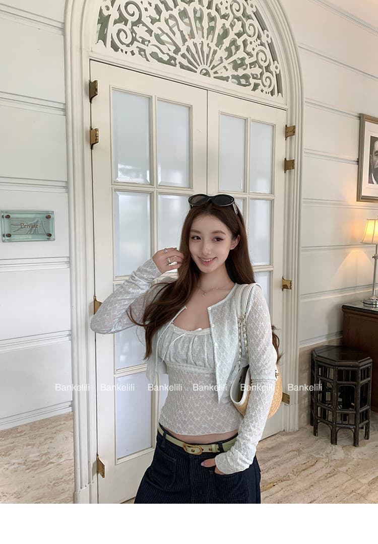 밤나무 코코아 bankelili 레이스 부드러운 꿈 이른 봄 신축성 레이스 자카드 오픈 가디건 슬립 두 조각 여성 세트 상세 이미지 16