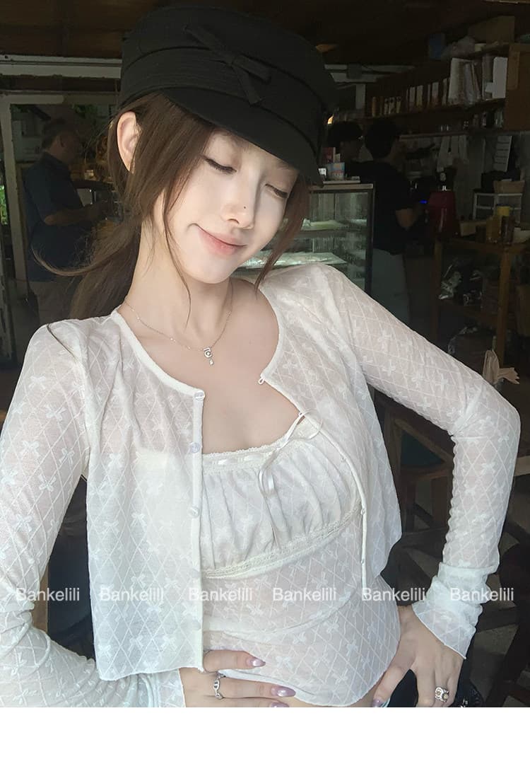 밤나무 코코아 bankelili 레이스 부드러운 꿈 이른 봄 신축성 레이스 자카드 오픈 가디건 슬립 두 조각 여성 세트 상세 이미지 24