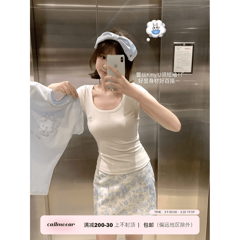 callmeear 레이스 고양이 디자인 센스 반팔 티셔츠 여성 봄 몸매 가꾸기 슬림해 보이는 맨위