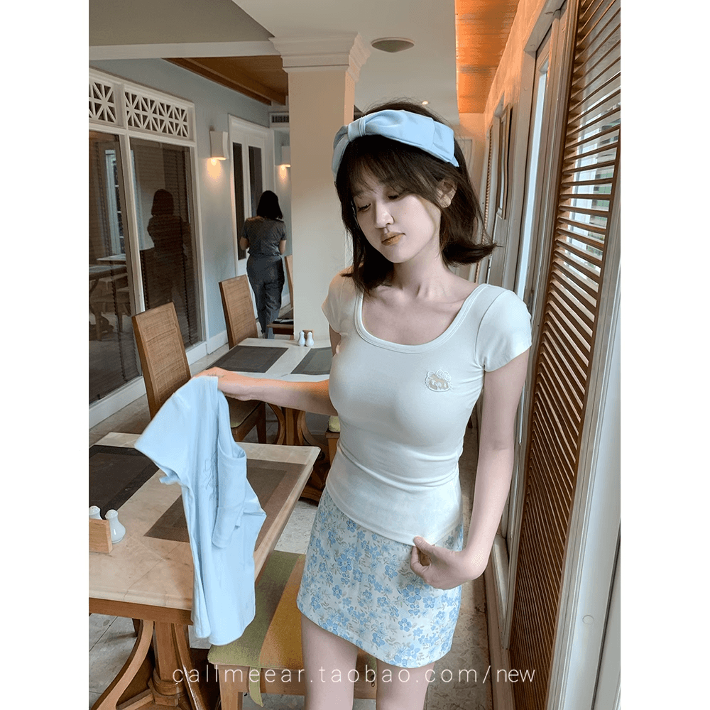 callmeear 레이스 고양이 디자인 센스 반팔 티셔츠 여성 봄 몸매 가꾸기 슬림해 보이는 맨위 이미지 2