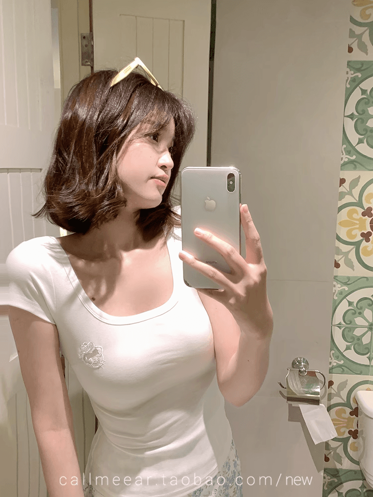 callmeear 레이스 고양이 디자인 센스 반팔 티셔츠 여성 봄 몸매 가꾸기 슬림해 보이는 맨위 상세 이미지 3