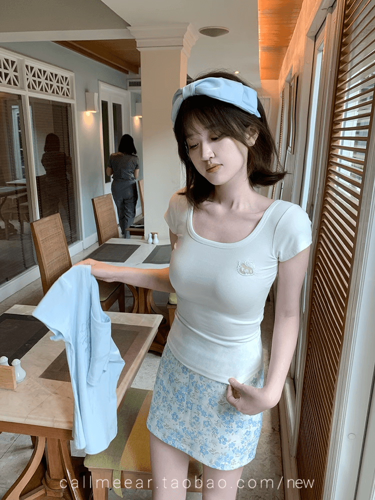 callmeear 레이스 고양이 디자인 센스 반팔 티셔츠 여성 봄 몸매 가꾸기 슬림해 보이는 맨위 상세 이미지 4