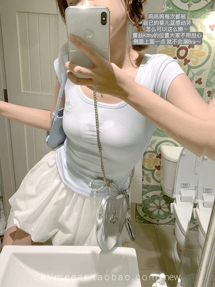 callmeear 레이스 고양이 디자인 센스 반팔 티셔츠 여성 봄 몸매 가꾸기 슬림해 보이는 맨위 상세 이미지 5