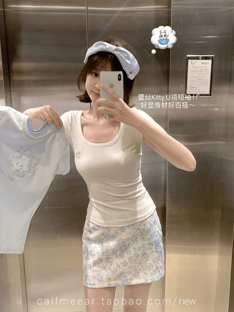 callmeear 레이스 고양이 디자인 센스 반팔 티셔츠 여성 봄 몸매 가꾸기 슬림해 보이는 맨위 상세 이미지 8