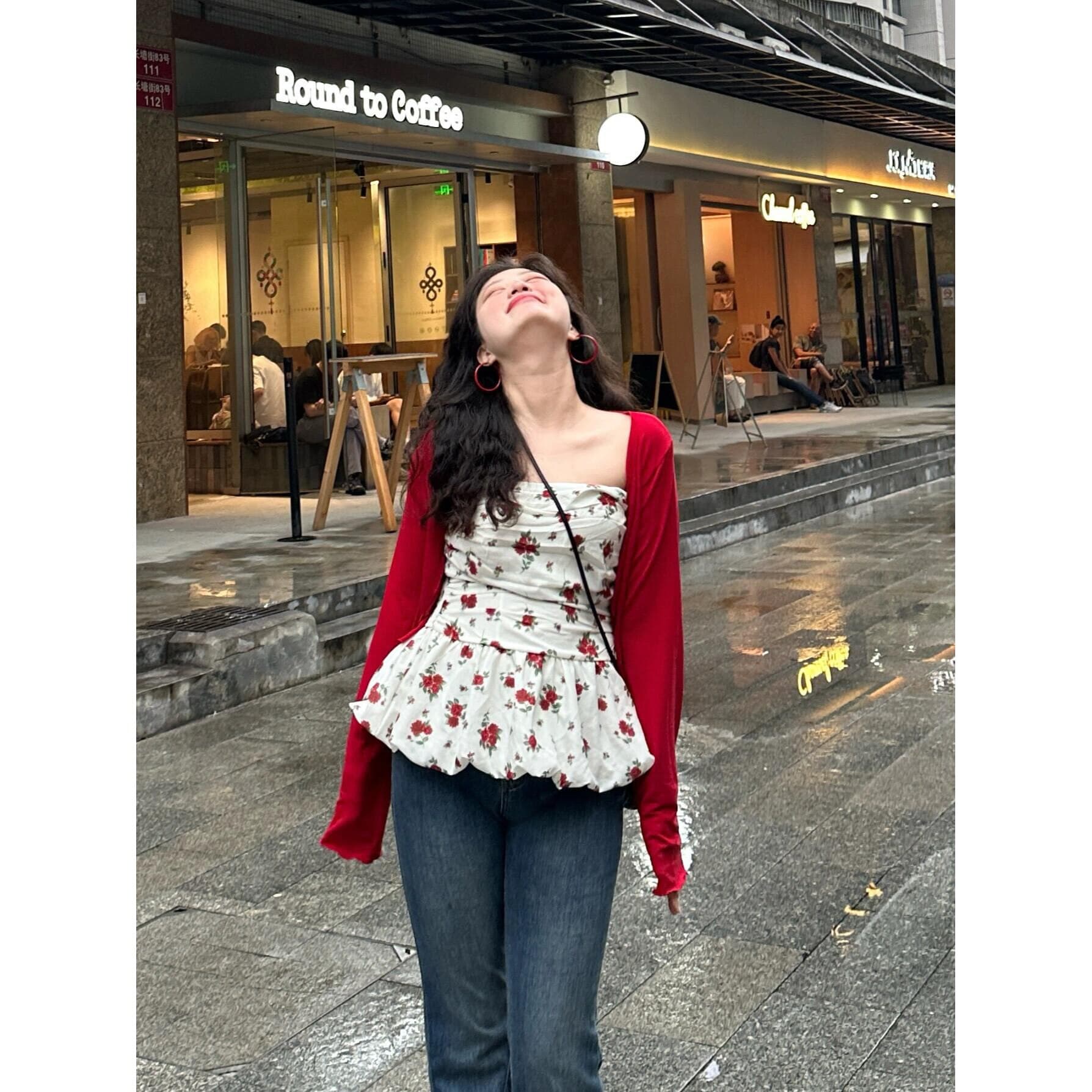 줄루어 스튜디오 Du 음악 리 소녀 레트로 순수한 욕망 꽃무늬 튜브탑 오픈 가디건 세트 상세 이미지 2