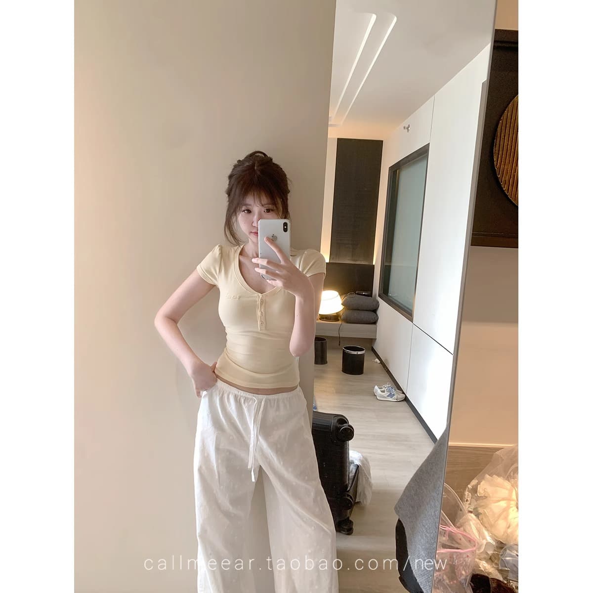 270 그램 사람들 면 다용도 자수 t 거품 소매 티셔츠 여성 봄 몸매 가꾸기 슬림해 보이는 반팔 맨위 이미지 3