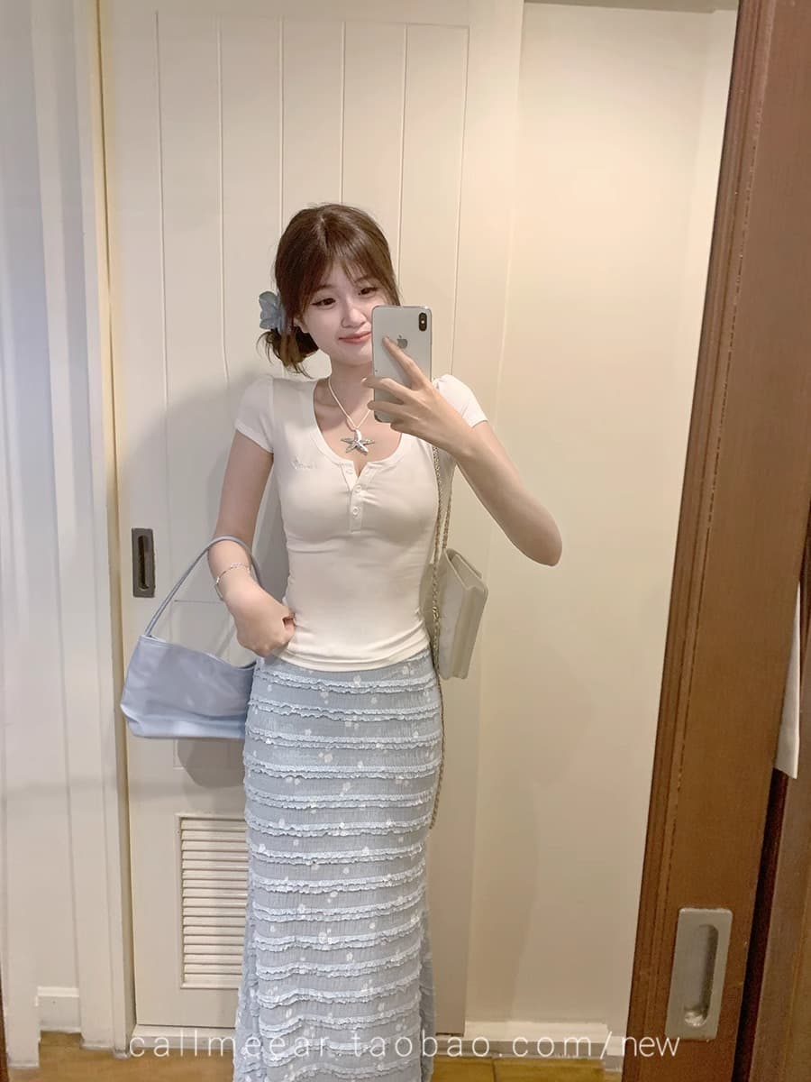 270 그램 사람들 면 다용도 자수 t 거품 소매 티셔츠 여성 봄 몸매 가꾸기 슬림해 보이는 반팔 맨위 상세 이미지 5